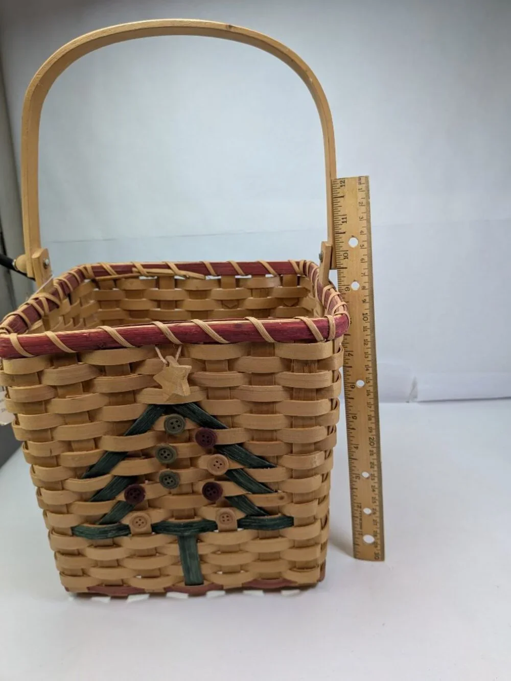 Rustic Country Farmhouse Christmas Tree Basket Drop Handle Wooden Button Star